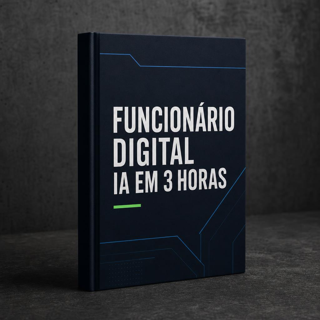 Mockup do ebook Funcionário Digital IA em 3 Horas sobre superfície de concreto escuro